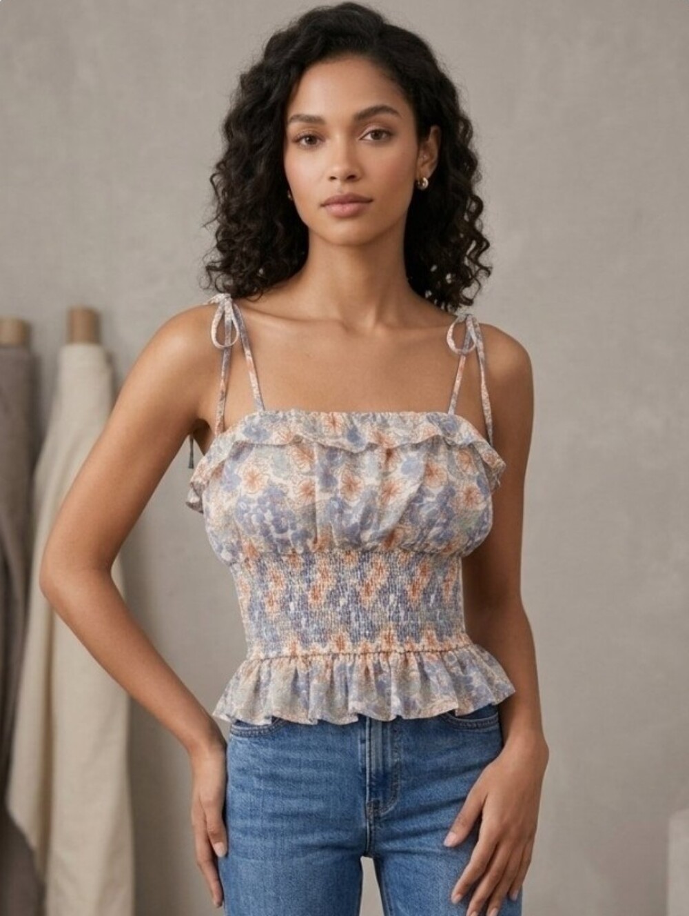 Floral Smocked Peplum Cami Top - Blue & Peach